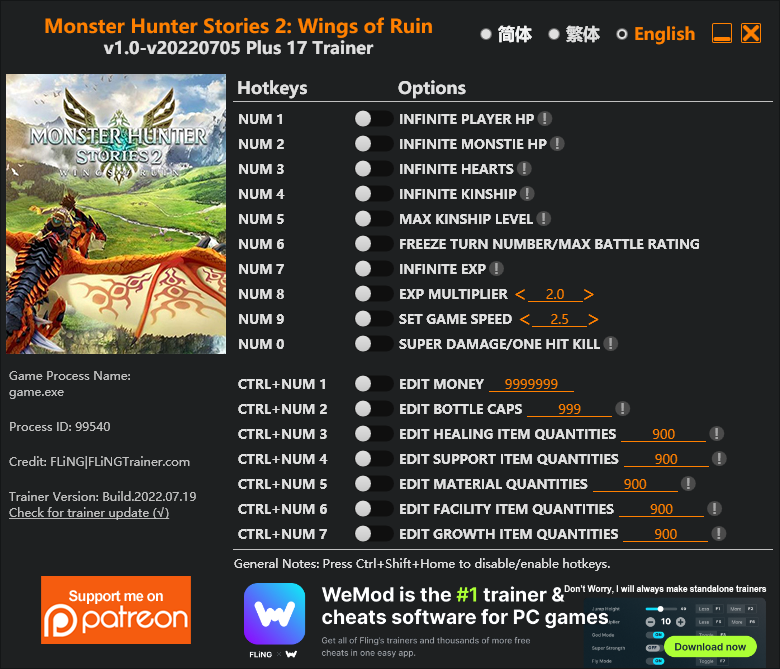 Monster Hunter Stories 2: Wings of Ruin Trainer