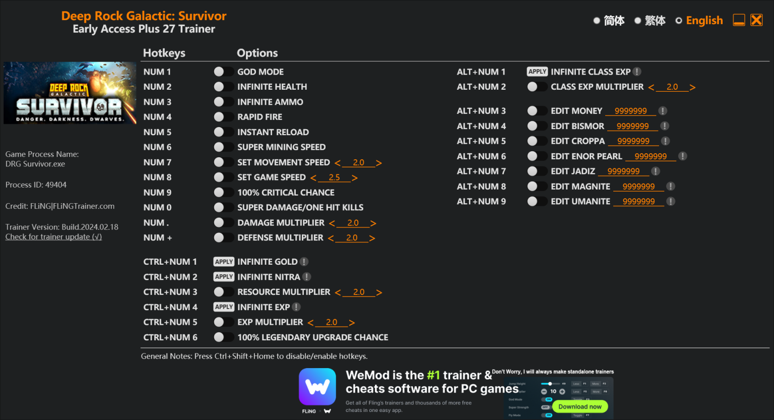 Deep Rock Galactic: Survivor Trainer